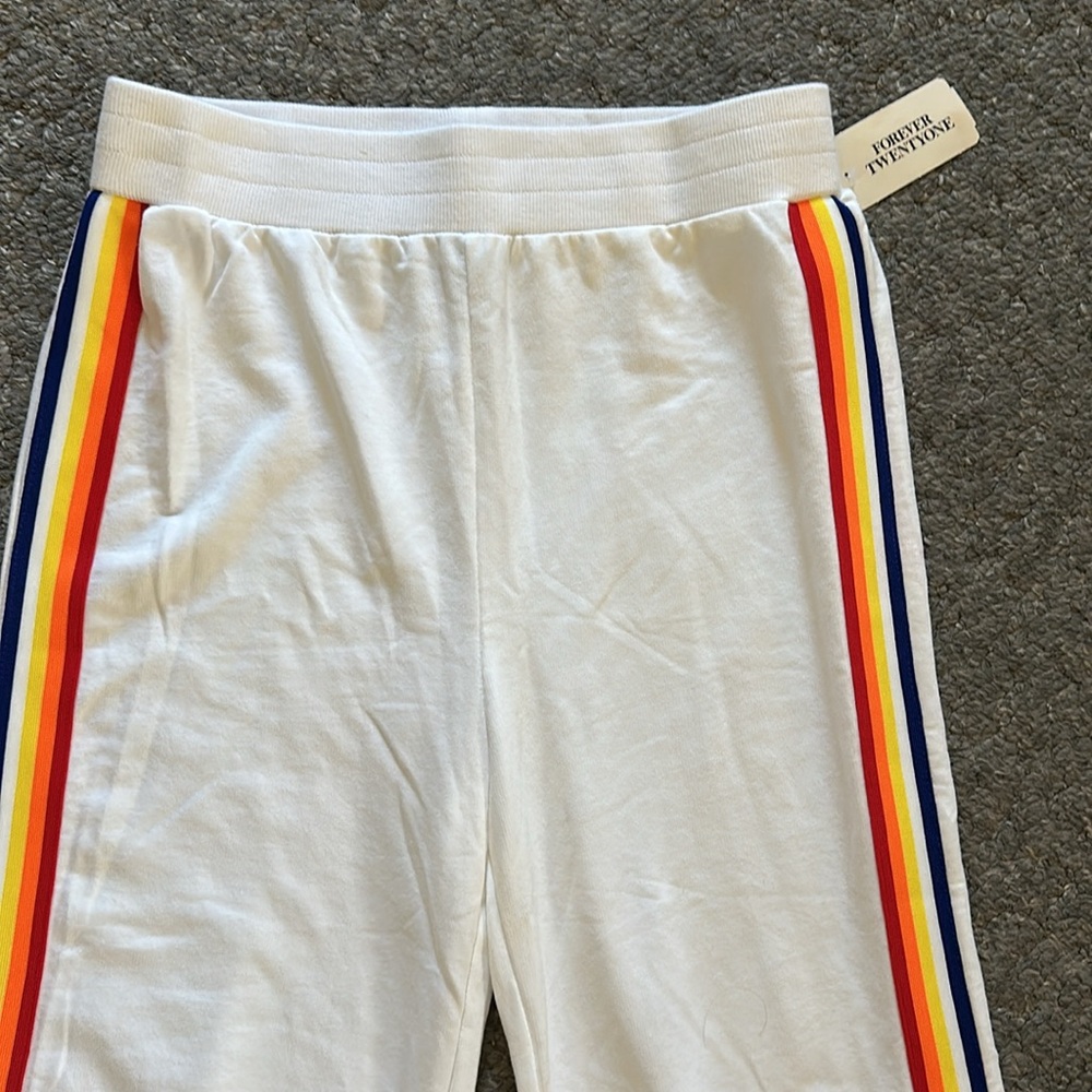 NWT Forever 21 White With Rainbow Stripe Knit Track Pants - Picture 2 of 5